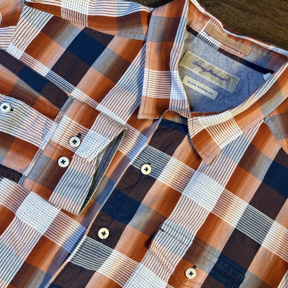 Tommy Bahama Button Down Shirt Men’s Large Silk Cotton Blend Plaid Long Sleeve